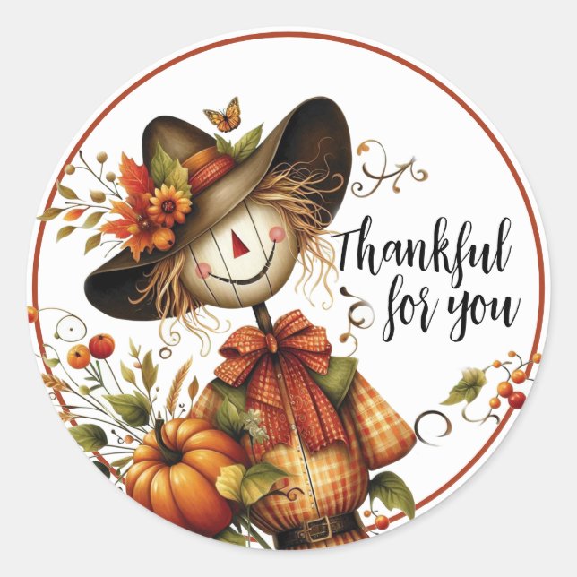 Thankful for you, Cute Scarecrow  Classic Round Sticker (Front)