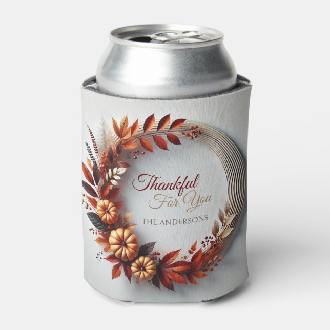Thankful for you Modern Thanksgiving Wreath Can Cooler (Can Front)