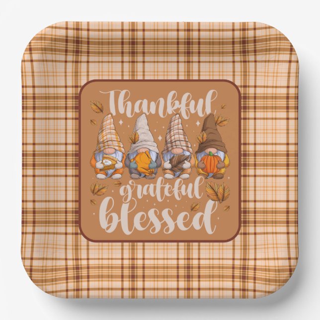 Thankful Gnomes – Autumn Blessings Paper Plate (Front)