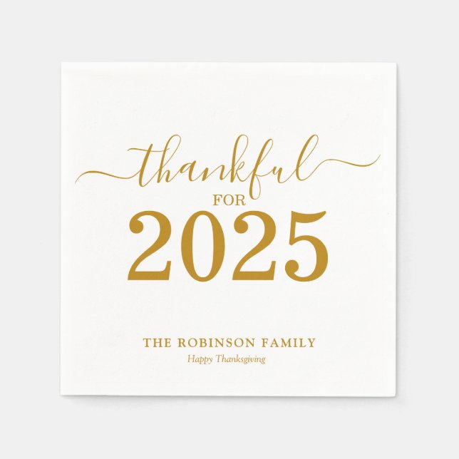 Thankful Gold Script Personalized Thanksgiving Napkin (Front)