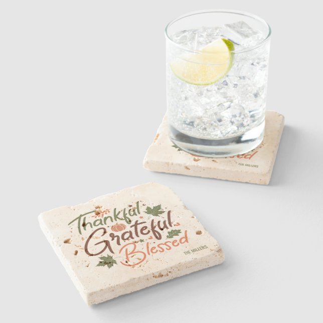 Thankful, Grateful and Blessed Thanksgiving Design Stone Coaster (Side)