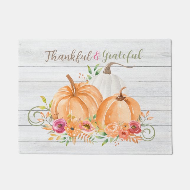 Thankful Grateful | Autumn Fall Pumpkin Watercolor Doormat (Front)