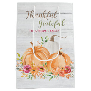 Thankful Grateful   Autumn Fall Pumpkin Watercolor Medium Gift Bag