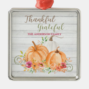Thankful Grateful Autumn Fall Pumpkin Watercolor Metal Ornament