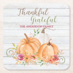Thankful Grateful   Autumn Fall Pumpkin Watercolor Square Paper Coaster