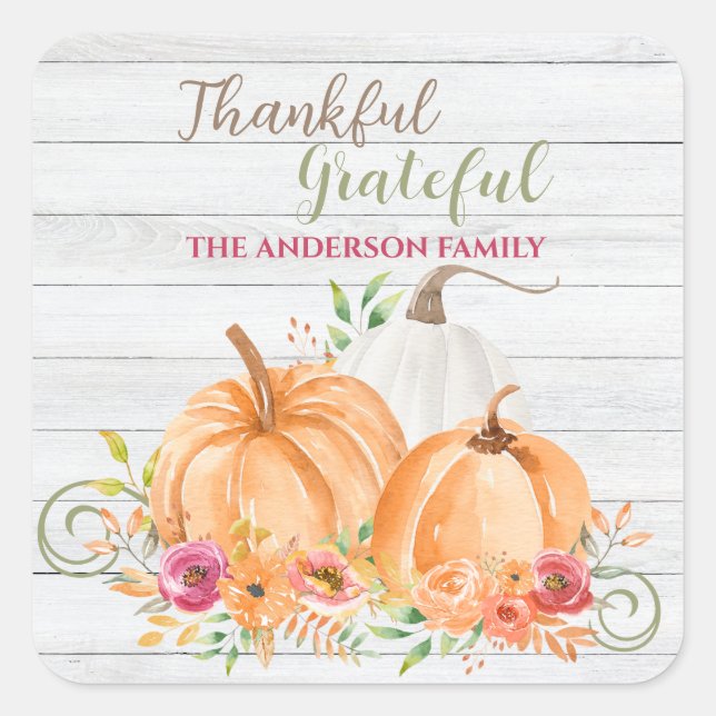Thankful Grateful | Autumn Fall Pumpkin Watercolor Square Sticker (Front)