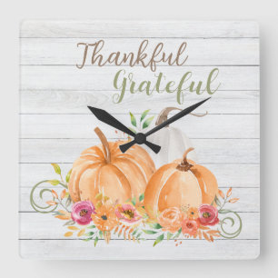 Thankful Grateful   Autumn Fall Pumpkin Watercolor Square Wall Clock