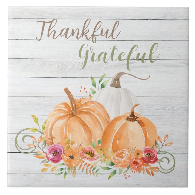 Thankful Grateful | Autumn Fall Pumpkin Watercolor Tile (Front)