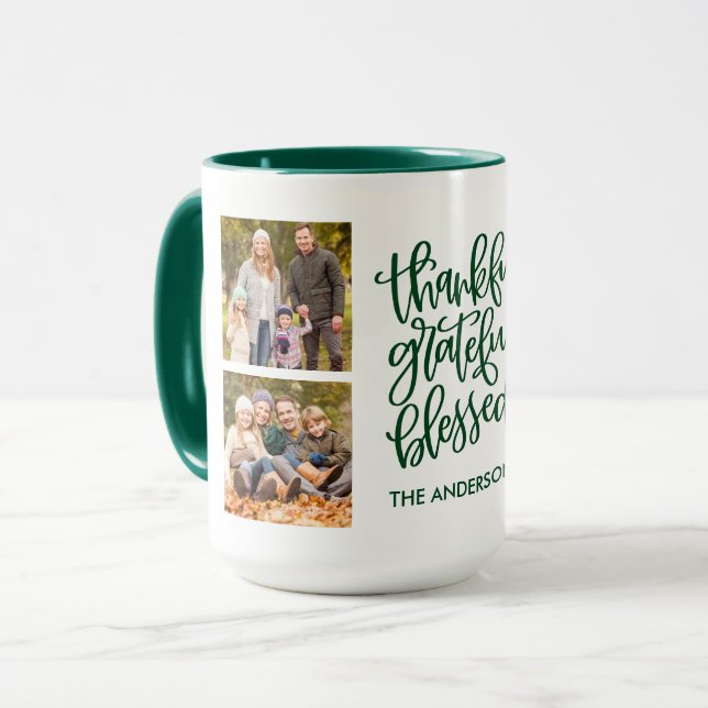 Thankful Grateful Blessed 4 Photo Name Green Mug (Front Left)