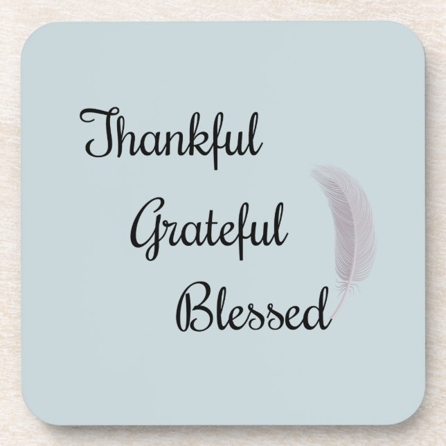 Thankful Grateful Blessed Angel Feather Dusty Blue Coaster (Front)