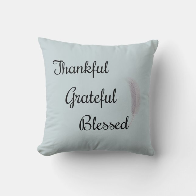 Thankful Grateful Blessed Angel Feather Dusty Blue Throw Pillow (Front)