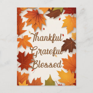 Thankful Grateful Blessed Autumn Leaf Thanksgiving Holiday Postcard