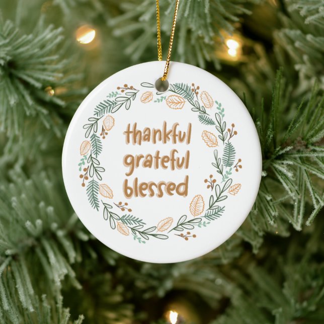 Thankful Grateful Blessed Autumn Wreath Ceramic Ornament (Tree)