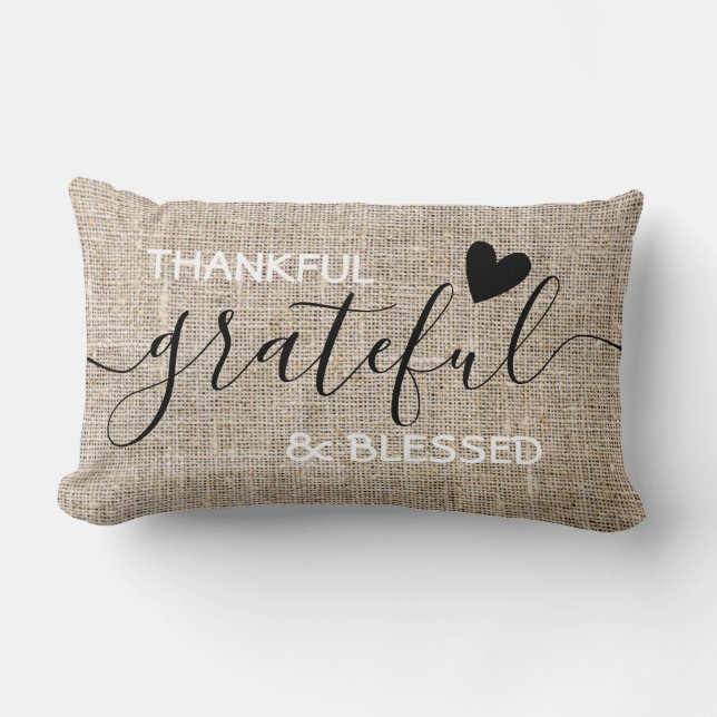 Thankful Grateful Blessed Burlap Thanksgiving Lumbar Pillow (Front)