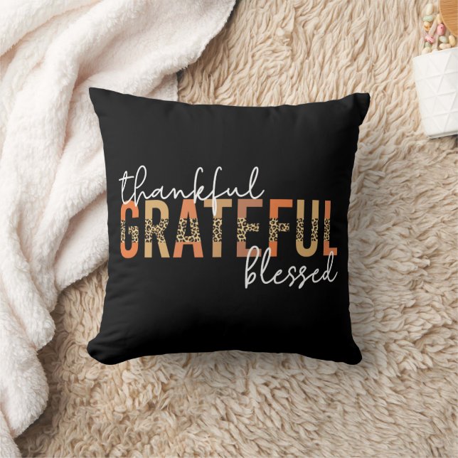Thankful Grateful Blessed Cheetah Print Typography Throw Pillow (Blanket)