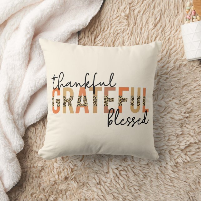Thankful Grateful Blessed Cheetah Print Typography Throw Pillow (Blanket)
