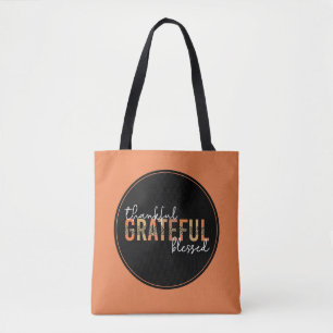Thankful Grateful Blessed Cheetah Print Typography Tote Bag