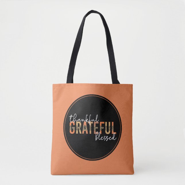 Thankful Grateful Blessed Cheetah Print Typography Tote Bag (Front)