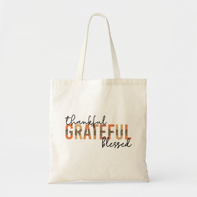 Thankful Grateful Blessed Cheetah Print Typography Tote Bag (Front)