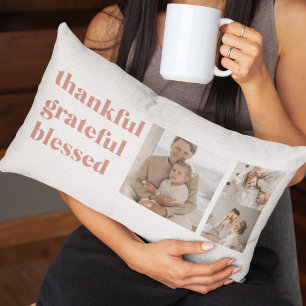 Thankful Grateful Blessed   Custom 3 Photo  Lumbar Pillow