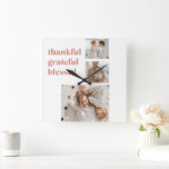 Thankful Grateful Blessed | Custom Three Photo  Square Wall Clock<br><div class="desc">Bring warmth and gratitude to your home with our Thankful, Grateful, Blessed custom square wall clock, featuring your three-photo collage. This modern acrylic timepiece blends style and sentiment, making it the perfect statement piece for your kitchen, living room, or entryway. Ideal for Thanksgiving and the fall season, it’s a thoughtful...</div>