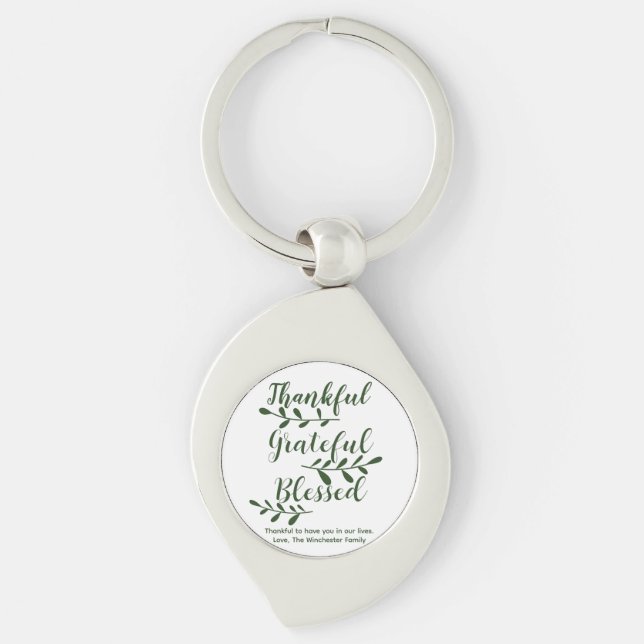 Thankful Grateful Blessed dark green custom script Keychain (Front)