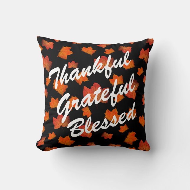 THANKFUL GRATEFUL BLESSED FALL LEAVES AUTUMN THROW PILLOW (Front)