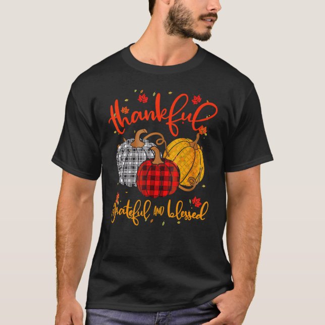 Thankful Grateful Blessed Fall Pumpkin Thanksgivin T-Shirt (Front)