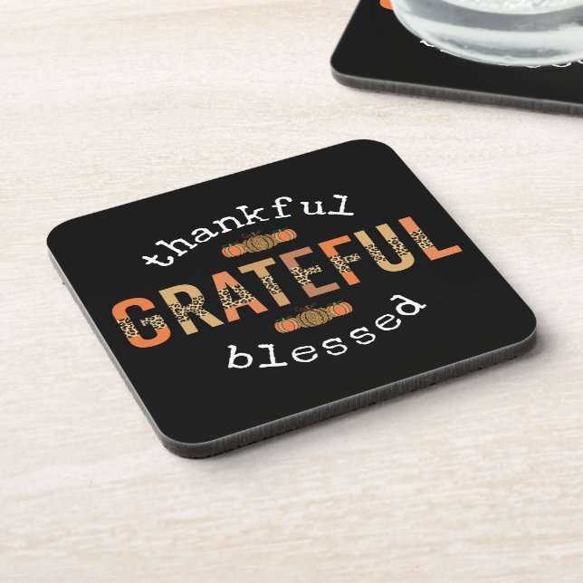 Thankful Grateful Blessed Fun Leopard Print Fall Coaster (Left Side)