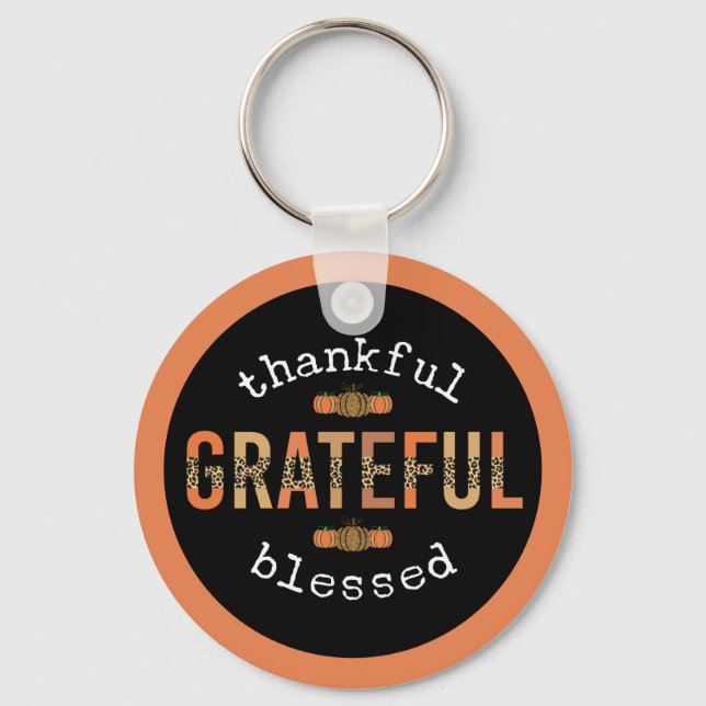 Thankful Grateful Blessed Fun Leopard Print Fall Keychain (Front)