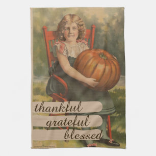 Thankful Grateful Blessed Girl with Pumpkin Kitchen Towel