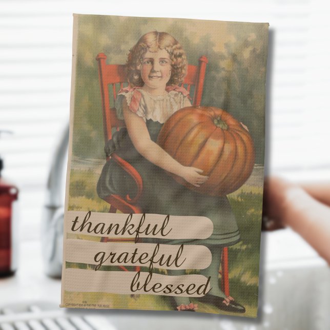 Thankful Grateful Blessed  | Girl with Pumpkin Kitchen Towel (Creator Uploaded)