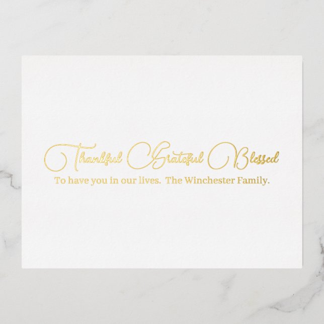 Thankful Grateful Blessed gold script Thanksgiving Foil Holiday Postcard (Front)
