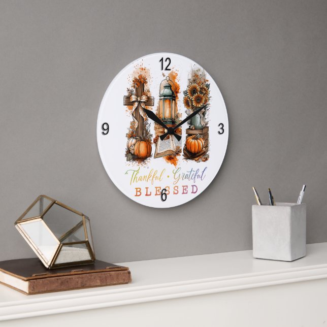 Thankful Grateful Blessed  Large Clock (Office)