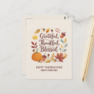 Thankful Grateful Blessed leaf Thanksgiving Fall Postcard