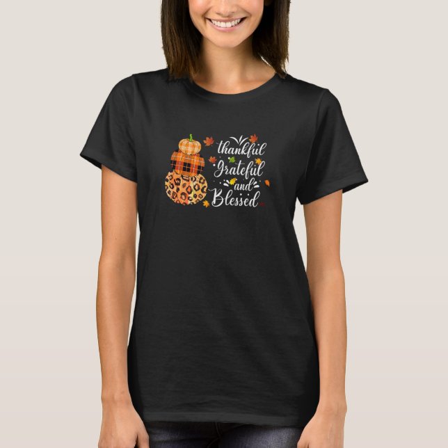 Thankful Grateful Blessed Leopard Plaid Pumpkin Th T-Shirt (Front)