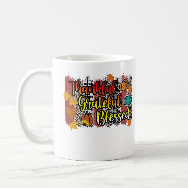 Thankful Grateful Blessed Leopard Pumpkin Fall Vib Coffee Mug (Left)