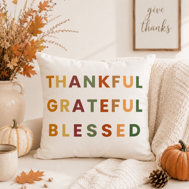 Thankful Grateful Blessed – Modern Fall Throw Pillow (Creator Uploaded)