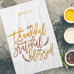 Thankful Grateful Blessed Name Terracotta White Kitchen Towel<br><div class="desc">Thankful Grateful Blessed Name Orange Terracotta White. Awesome inspirational words for thanksgiving and throughout the year, in a stylish script, the words of gratitude Thankful Grateful Blessed in the vibrant colours of fall on a white background which can be changed to another colour if you so wish. Easy to personalise...</div>