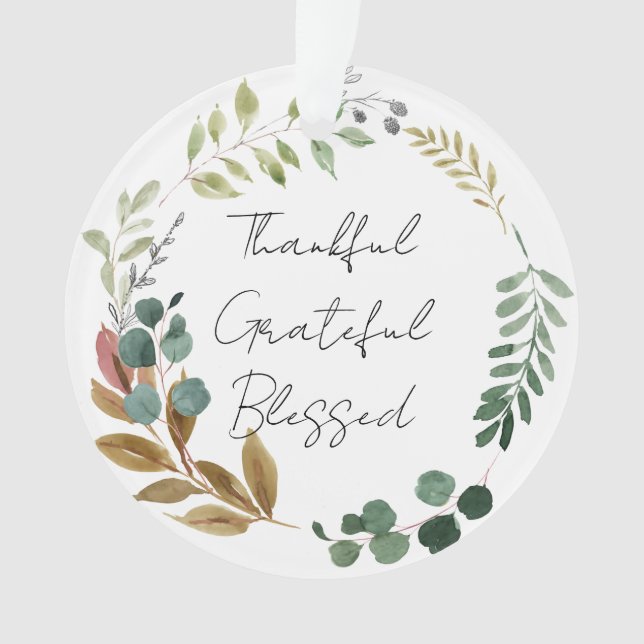 Thankful Grateful Blessed Natural Fall Leaves Ornament (Front)