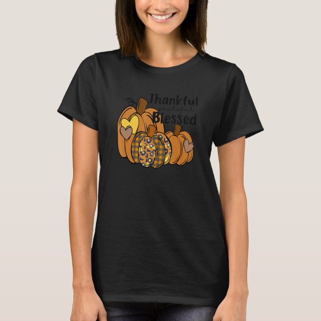 Thankful Grateful Blessed Plaid Leopard Pumpkin Th T-Shirt (Front)
