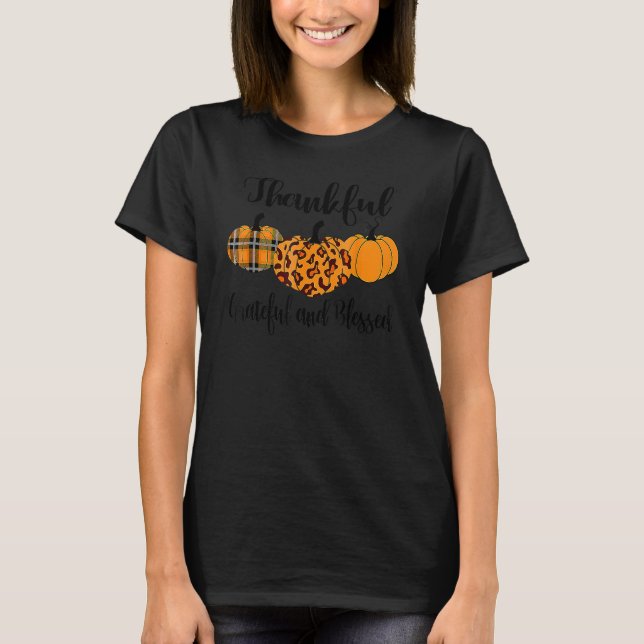 Thankful Grateful Blessed Plaid Leopard Pumpkin Th T-Shirt (Front)
