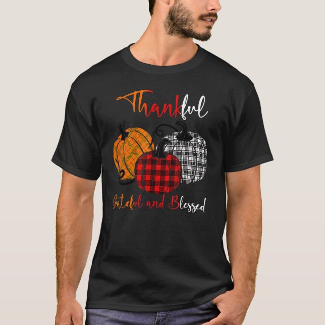 Thankful Grateful Blessed Plaid Pumpkin Thanksgivi T-Shirt (Front)