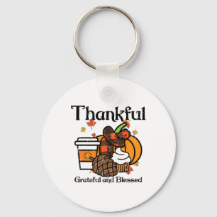 Thankful Grateful Blessed Pumpkin Coffee Thanksgiv Keychain