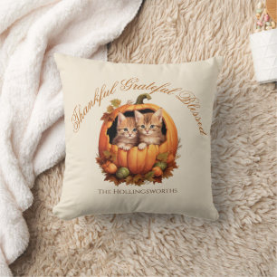 Thankful Grateful Blessed Pumpkin Fall Leaves Throw Pillow