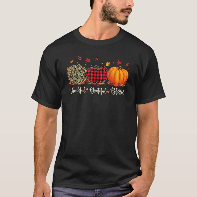 Thankful Grateful Blessed Pumpkin Leopard Fall Tha T-Shirt (Front)