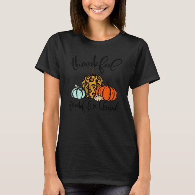 Thankful Grateful Blessed Pumpkin Leopard Plaid Th T-Shirt (Front)