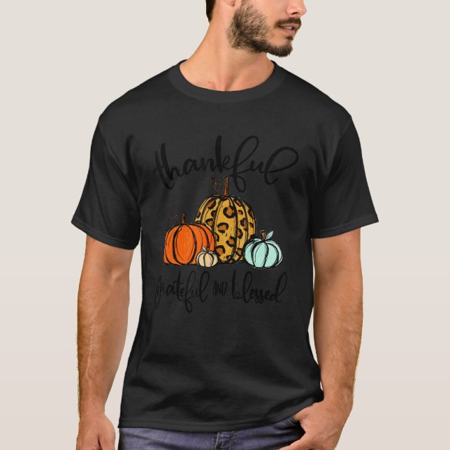 Thankful Grateful Blessed Pumpkin Leopard Plaid Th T-Shirt (Front)