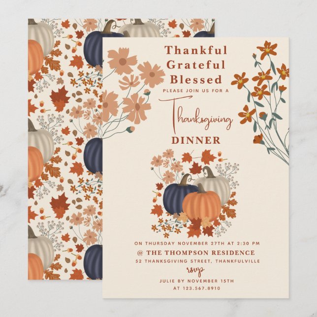Thankful Grateful Blessed Pumpkin Thanksgiving Invitation (Front/Back)