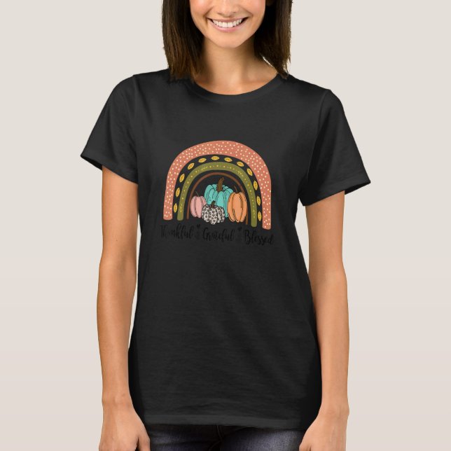 Thankful Grateful Blessed Pumpkins Leopard Plaid L T-Shirt (Front)